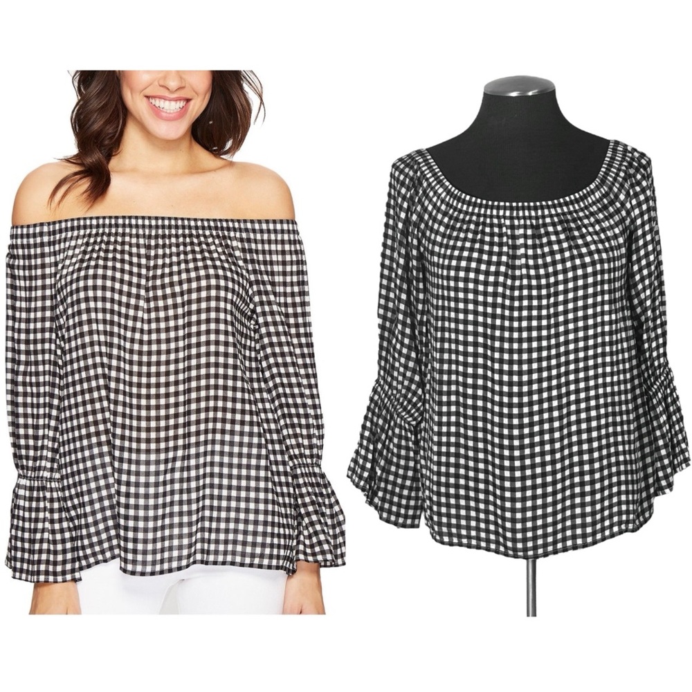 Sanctuary – Gingham Off-Shoulder Ruffle Sleeve Top – Medium
